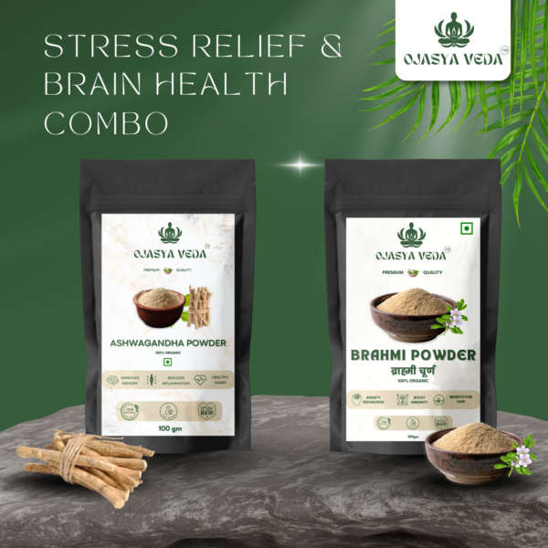 Ojasya Veda Stress Relief and Brain Health Combo (Ashwagandha Powder + Brahmi Powder)- 2*100gm